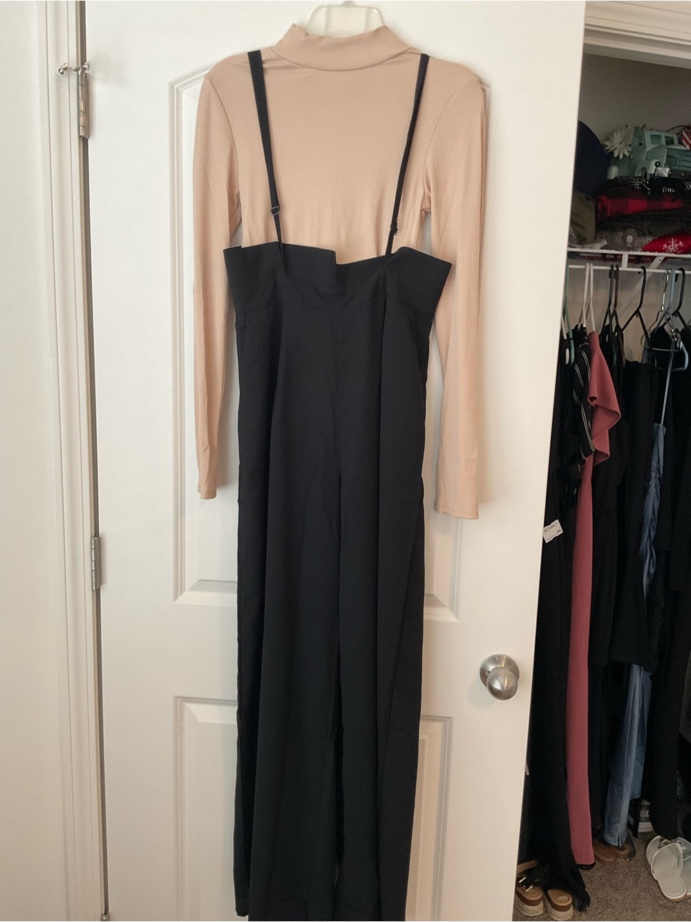 Black Suspender Jumpsuit with Nude Mock Neck Top